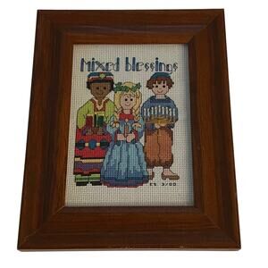 Vintage Framed Cross Stitch Mixed Blessings Cultural Diversity Holiday 9.5x7.5
